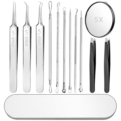 Pimple Popper Tool Kit 12PCS: 9 × Blackhead Removers, 2 ×Eyebrow Tweezers, 1 × 5X Mirror, Stainless Pimple Extractor, Blackhead, Acne, Blemish, Facial Hair Removal Tools Kit (Black)