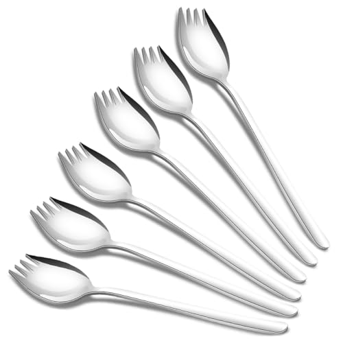 tiokin Sporks, 6 Stück 18/10 Edelstahl Sporks, Lang 7.48 Zoll Salatlöffel, Fruchtdessert Gebratene Reisnudelgabeln, Multifunktion Löffel und Gabel...