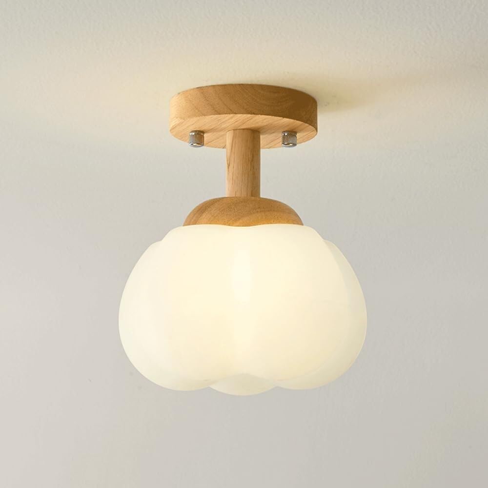 Japanese Style Semi Flush Mount Ceiling Lamp with Acrylic Shade and Wood Base, Vintage Ceiling Light Fixture for Kitchen, Bedroom, Hallway – G9 LED Compatible, 40W, 110-240V