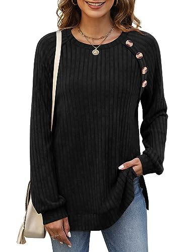 Image of Bofell Long Sleeve Shirts for Women Lightweight Button Decor Tunic Tops Side Split