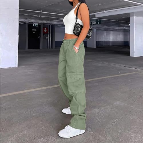 Image of Lepunuo Cargo Pants for Women High Waisted Casual Pants Baggy Stretchy Wide Leg Y2K Streetwear with 6 Pockets