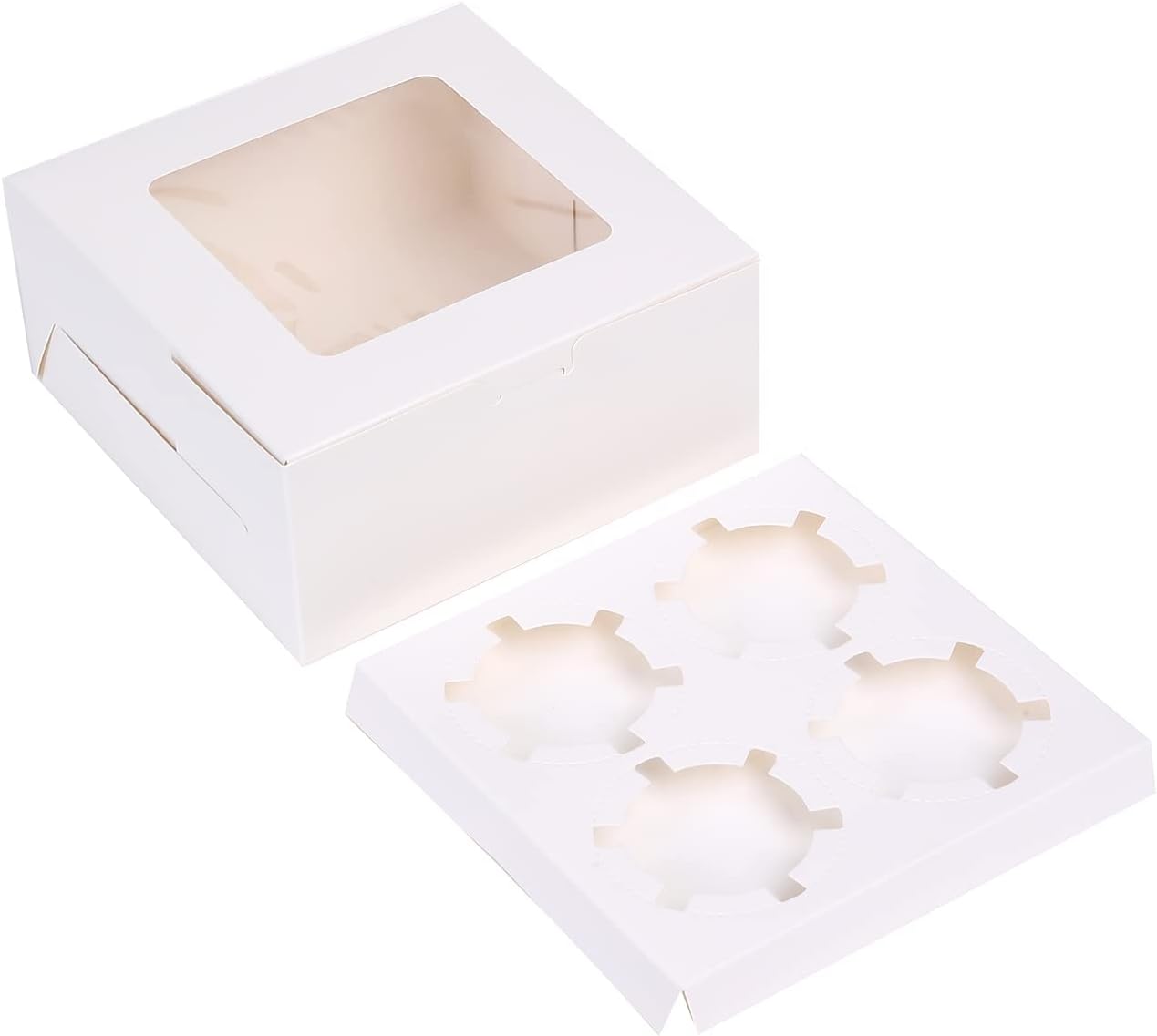 REDDOTGIFT® 4 Cavities Kraft Paper Cupcake Box (Pack of 12) with Inserts Cupcake Containers Bakery Cake Carriers for Home Dessert Shop (White)
