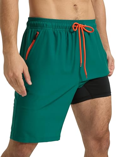 Arcweg Men's Swim Trunks with Compression Liner and Zipper Pockets Quick Dry Bathing Suit Board Swimming Shorts Turquoise