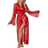 レディース セクシーランジェリー パジャマ レース カバーアップ メッシュ シースルー ナイトローブ 長袖 ナイトドレス 寝間着 レッド S,Red-S