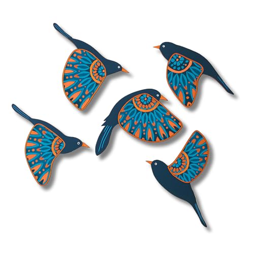 Image of GiftOday Wooden 3D 5 Pieces Birds for Wall Art Panel | Wood Bird Folk Art Wall Hanging Art Decoration Item for Living Room, Bedroom, Drawing Room, Dining Room & Office (Navy Blue) Pack of 1