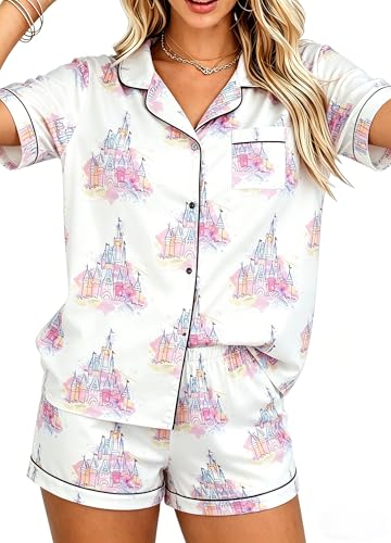 MYHALF Satin Pajamas Set for Women Button Down 2 Piece Lounge Pjs Lightweight Summer Sleepwear V Neck Short Sleeve Loungewear