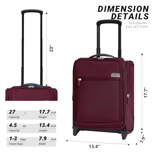 Image of Verage Underseat Carry On Luggage With Spinner Wheels, 16-Inch Rolling, Grape Red, 2 Wheels