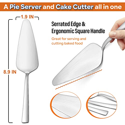 Matte Silver Pie Server Set Of 3, E-Far 8.9 Inch Stainless Steel Cake Server Cutter For Pastry Cheese Pizza, Serrated Edge With Square Handle, Dishwasher Safe #TOP1