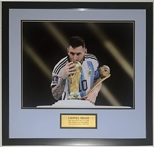 Lionel Messi 2022 Argentina World Cup Trophy Celebration 16x20 Photo - Professionally Framed & GOAT Plate