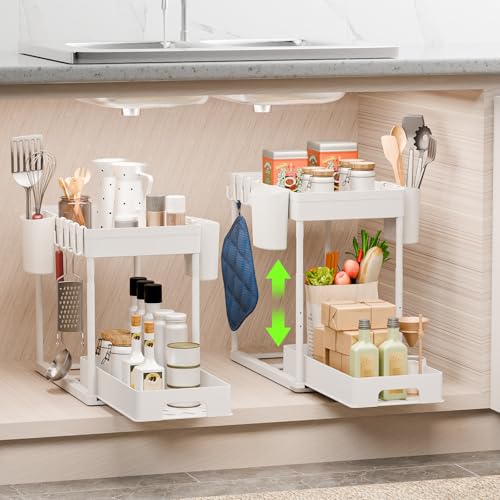 Braozaiw Adjustable Under Sink Organizer with 2-Tier Pull-Out Baskets & Telescoping Rod - Kitchen, Bathroom, Cabinet Storage Shelf (white)