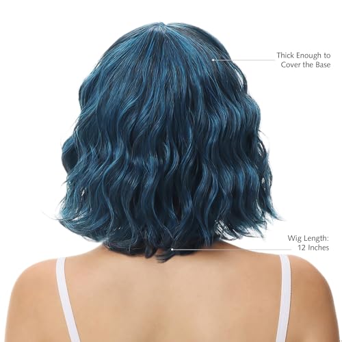 Image of Rose bud Wavy Bob Wig with Bangs Natural Blue Wig Synthetic Hair Shoulder Length Short Curly Wigs for Women
