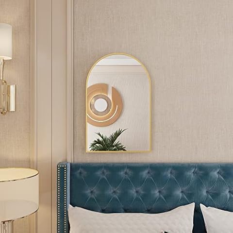 FLYMUHJIA Arched Wall Mounted Vanity Mirror Full Body Length Makeup Bathroom Bedroom Living Room Security Mirrors Aluminium Alloy Frame for Wall Decor 24.02 * 35.98 Inches Gold Cover