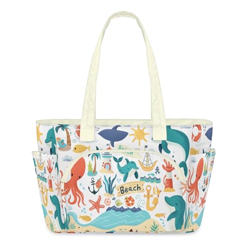 Sac fourre-tout zippé pour femme grand cabas de voyage et travail à motif océan