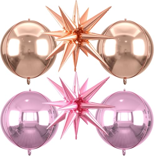Image of 6pcs 22 inch Pink Rose Gold Star Balloons and 4D Large Foil Balloons, Pink Star Balloon Rose Gold 4D Foil Aluminum Balloon For Birthday Baby Shower Party Wedding Anniversary Valentine's Day Decoration