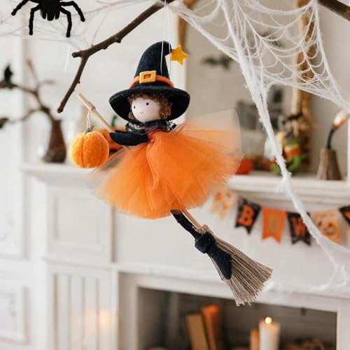 Halloween Hexen Anhänger, Halloween Deko Hängende Hexenpuppen Besen, Hexe Puppen Ornament, Gruselige Kleine Hexenfigur mit Gazerock, Küchenhexen Puppe für Fenster Garten Baum Terrasse Wand (B) Halloween Hexen Anhänger, Halloween Deko Hängende Hexenpuppen Besen, Hexe Puppen Ornament, Gruselige Kleine Hexenfigur mit Gazerock, Küchenhexen Puppe für Fenster Garten Baum Terrasse Wand (B)