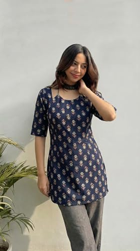Image of ANNI Designer Women's Viscose Blend Printed Short Kurti | Straight Fit Ethnic Top with Square Neck | Bell Sleeve Indian Kurta for Office College, Party