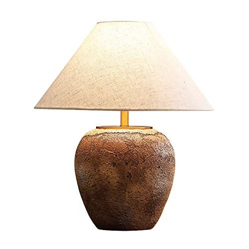ShinGlow Rustic Farmhouse Clay Pot Table Vintage Distressed Ceramic Table Lamp with White Fabric Lampshade American Southwestern Textured Ceramic Lamp for Living Room Bedroom Office