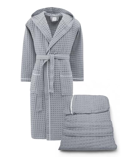 Tex family Accappatoio Uomo Donna in Cotone con Cappuccio, BEE Apone Nido d’Ape, Colore Grigio Chiaro, Asciugatura Rapida, Morbido - L