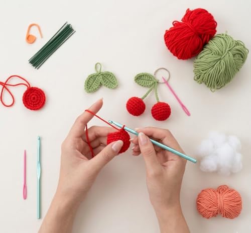 Image of Itsy Bitsy DIY Crochet Cherry Charms Kit Makes 4 | Beginner Friendly Crochet Craft Kit | Make Cute Cherry Keychain Bag Charms Zipper Pulls | Complete DIY Hobby Gift Box