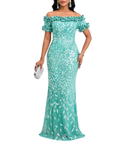 Image of dasmzper Women Sexy Sequin Off Shoulder Ruffle Short Sleeve Bodycon Mermaid Party Formal Evening Maxi Dress
