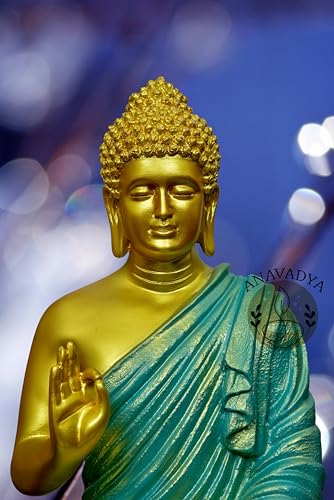 Image of Beautiful Sitting Buddha Idol Statue for Home & Garden Living Room | Healing Spirit Blessing Buddha Statue - 15 Inch Size (Sea Green + Golden)