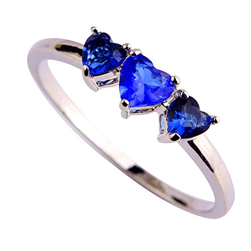 Psiroy 925 Sterling Silver Plated Simulated Blue Sapphire Heart 3 Stone Promise Ring for Women Size 7