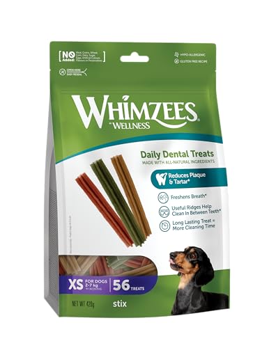 WHIMZEES – Snacks Dentales Naturales sin Cereales - para Perros Extra Pequeños – Palitos Masticables – Mejora la Higiene Bucal – 56 Unidades