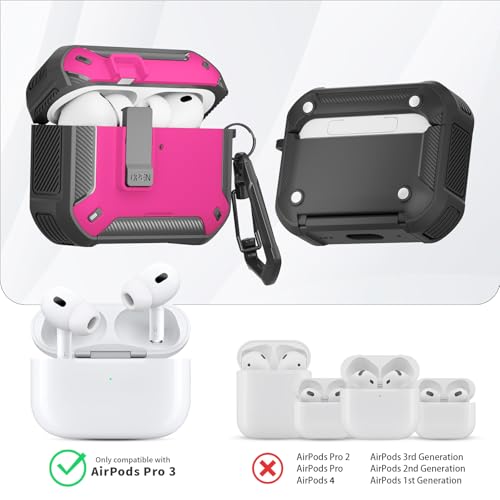 Image of for AirPods Pro 3 Case with Magnetic Lock and Phone Stand, Compatible with Magsafe Charging,with Carabiner&Cleaner kit for Apple iPod Pro 3rd Generation Cover(2025) Men Women (Rose Red)