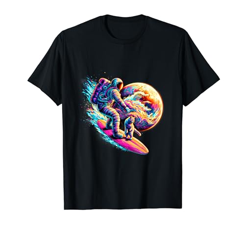 Cat And Astronaut Surfing The Outer Space, Space Surfing Camiseta