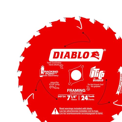 Image of Diablo Framing Saw Blade for Wood - 7-1 /4 inch Diameter, 24 ATB Teeth, 5 /8 inch Arbor, .059 inch Kerf, 15-Degree Hook Angle, .040 inch Plate, 8000 Max RPM - D0724X