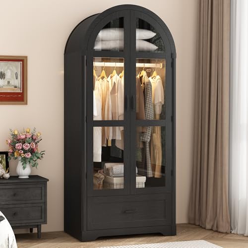 chartustriable 2 Doors Arched Armoire Wardrobe Closet w/Drawers,LED Light,Wooden Closet