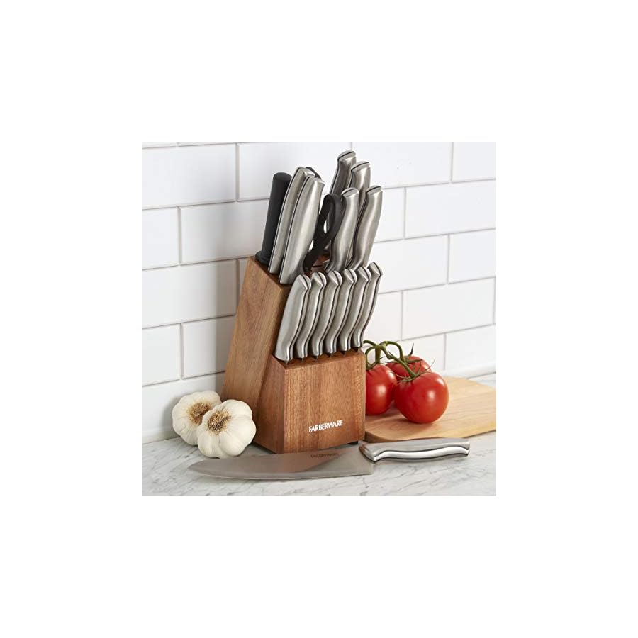 Farberware 15-Piece Stamped Stainless Steel Knife Block Set, High-Carbon Stainless Steel Kitchen Knife Set with Ergonomic Handles, Razor-Sharp Knives with Wood Block, 15-Piece Set, Acacia
