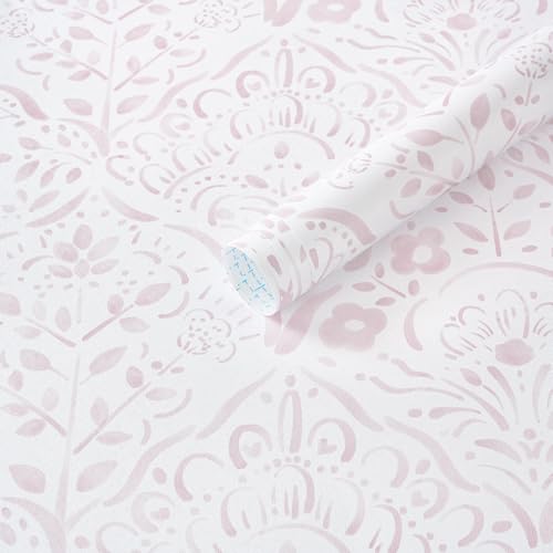 Dimoon Boho Peel and Stick Wallpaper Soft Pink Floral Contact Paper French Flower Wall Paper 362''x17.3'' Textured Self Adhesive Watercolor Damask Stick On Wallpaper for Bedroom Bathroom Decor Vinyl