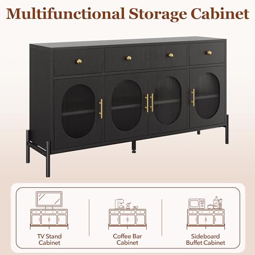 GarveeHome 62" Large Sideboard Buffet Cabinet with Storage and 3 Drawers, Buffet Table Coffee Bar Storage Cabinet with 4 Glass Doors for Dining Room, Living Room, Kitchen, Black