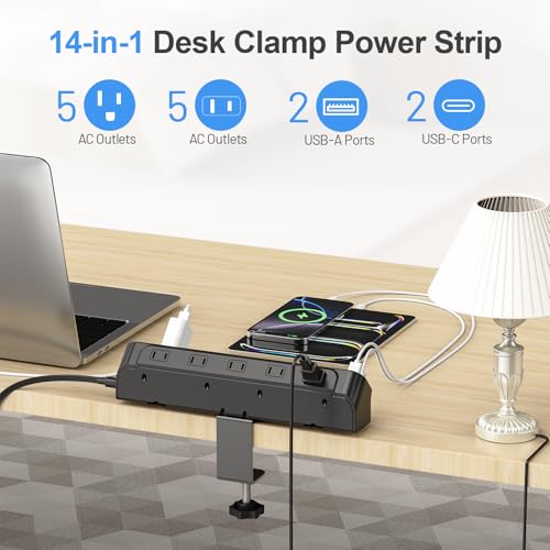 Image of BEVA Desk Clamp Power Strip 6FT, Desk Edge Mount Extension Cord with 10 Outlets, 20W Fast Charging Station, PD 20W USB C Ports, Fit 1.96 inch Tabletop Edge, Etl List