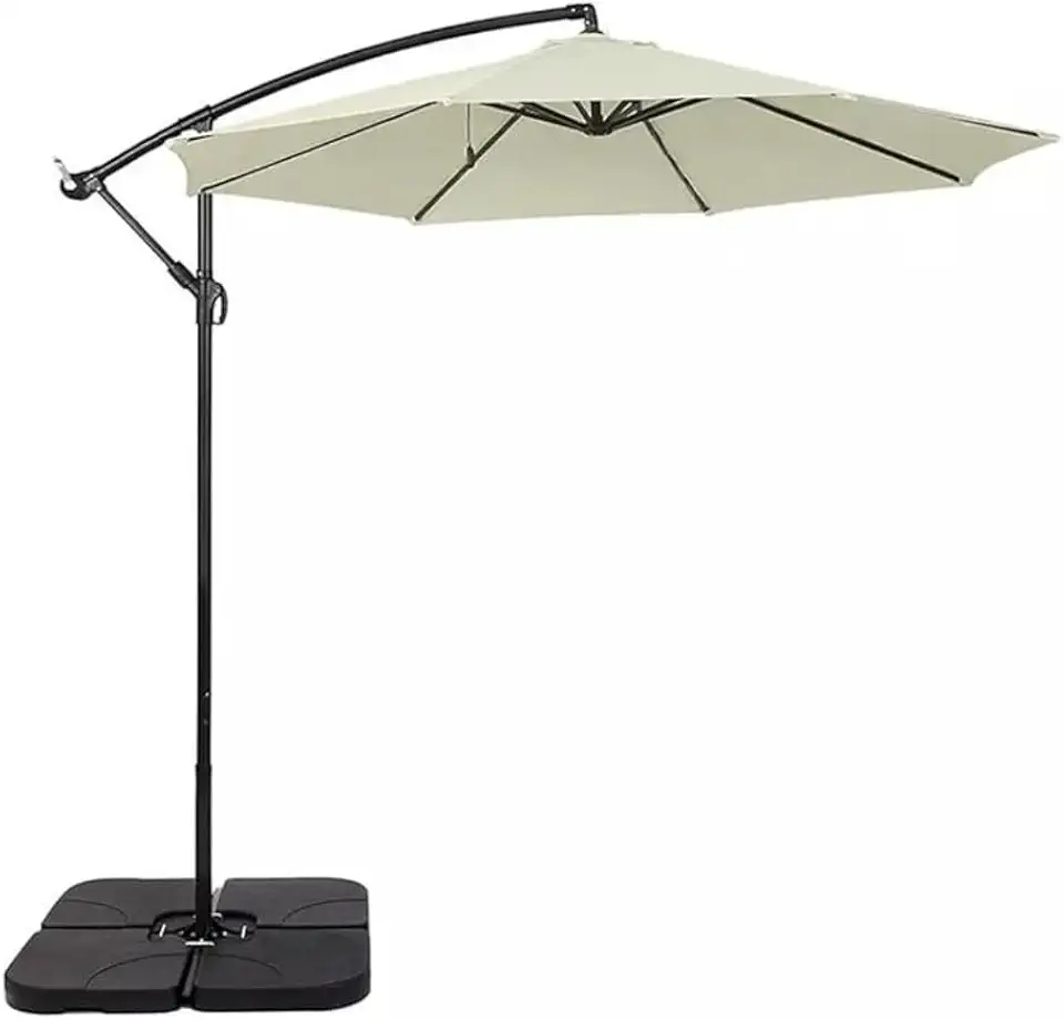 Ombrelone Lateral Suspenso 3m com Base, Alumínio e Poliéster, Off-White e Cinza, para Jardim e Varanda