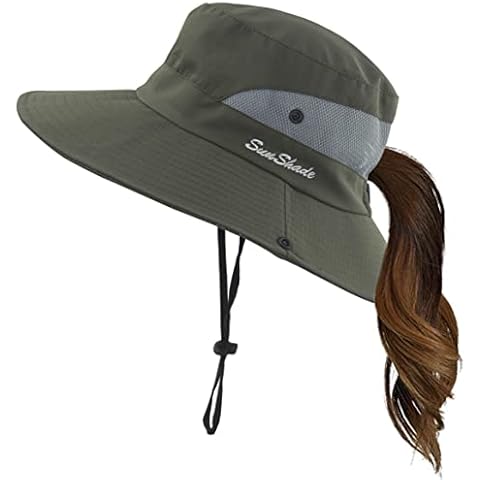 Mukeyo Womens Summer Sun Hat Wide Brim Outdoor UV Protection Hat Foldable Ponytail Bucket Cap for Beach Fishing Hiking Army Green Cover