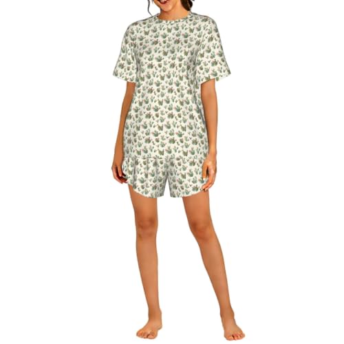 Pyjama court imprimé cactus femme en tissu respirant et fluide pour l'été