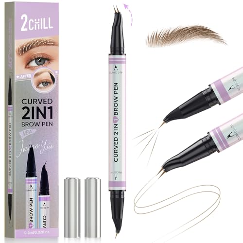 2CHILL Crayon à Sourcils Incurvé à 30 °, 2 en 1 Eyebrow Pen, Imperméables Avec 2 Conseils, Cosmétique Microbladants Vifs pour Femme (Marron)