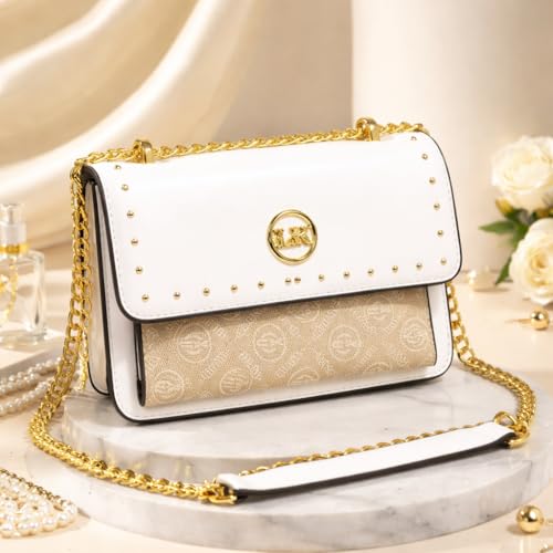 Image of Diva Dale MKF Crossbody Bag, White with Gold Chain Strap, Studded Design, Signature Logo