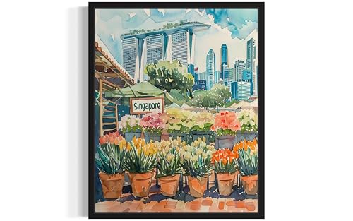 Singapore Flower Market Black Framed Poster Art Print, Travel Poster Floral Artwork for Bedroom, Bathroom, Livingroom Decor Wall Art 46 (Singapore, 10"L x 8"W, Black Frame)
