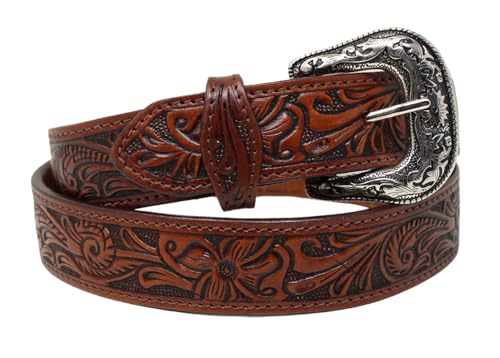 Western 1-1/2" Floral Tooled Full-Grain Brown Leather Belt 26RS043