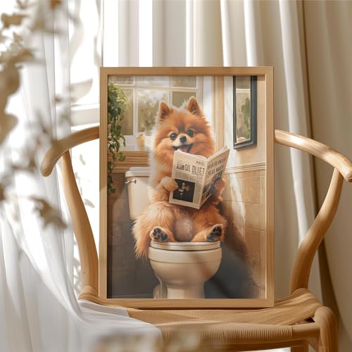 Image of Pomeranian on Toilet Wood Framed Wall Art Print Poster, Dog Bathroom Humor Decor Posters Prints for Restroom Home Picture Painting Artwork Gallery 7 (Pomeranian, 11 inchW x 14 inchL, Wood Frame)