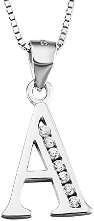 Initial A Pendant Necklace in Sterling Silver with Cubic Zirconial 26 Letter Alphabet Jewelry for Women Teen Girl
