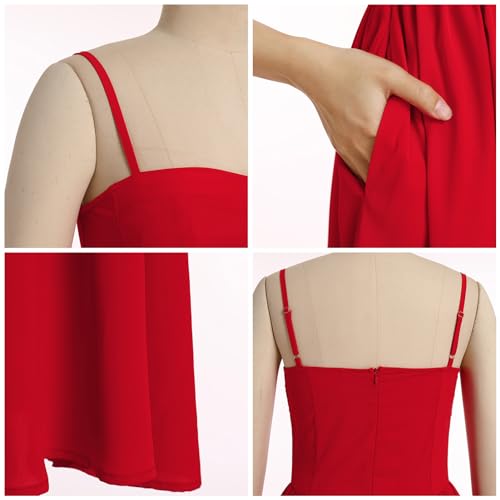 Image of ABEHIK Casual Dresses for Women Boho Spaghetti Strap Corset Midi Dress with Pockets Low Cut Flowy Pleated Bustier Sundress