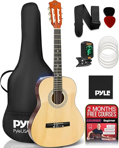 Pyle Classical Acoustic Guitar Kit, 3/4 Junior Size Instrument for Beginner Kids, Adults, 36 Natural Matte