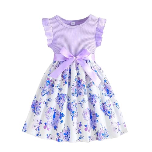 Mädchen Kleider Rüschenärmel Sommerkleid Rundhalsausschnitt Blumenmädchenkleider Hochzeit Kinderkleid Elegante A Linie Partykleid Kinder Festlicheskleid mit Gürtel 3-7 Jahre Lila 6-7Jahre