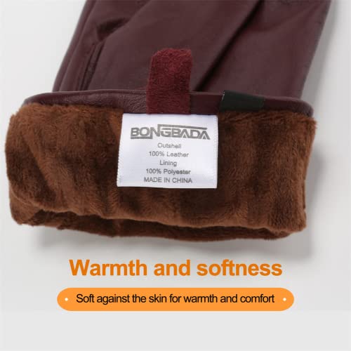 Bongbada Genuine Sheepskin Leather Gloves For Women, Winter Warm Touchscreen Texting Driving Motorcycle Dress Gloves (Burgundy, L) #TOP3