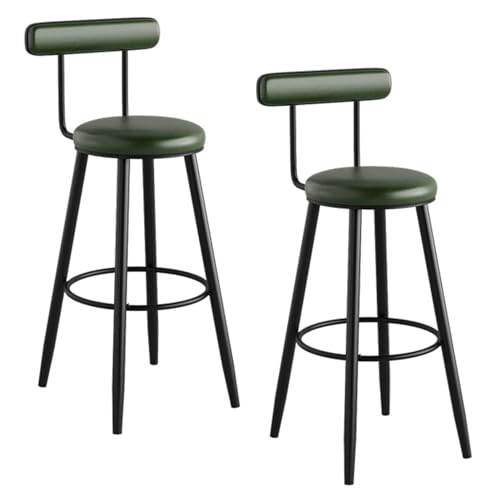 Kitchen Stools of 2 Industrial High with Back Rest Round Leatherette Soft Padded Chairs for Pub Island (Green 65cm)