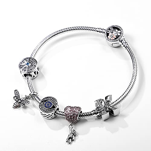Image of 925 Sterling Silver Snake Chain Bracelets Fit Pandora Charms,Heart Clasp Bracelets Perfect For Any Glamour Gift for Women with 5 A Cubic Zirconia